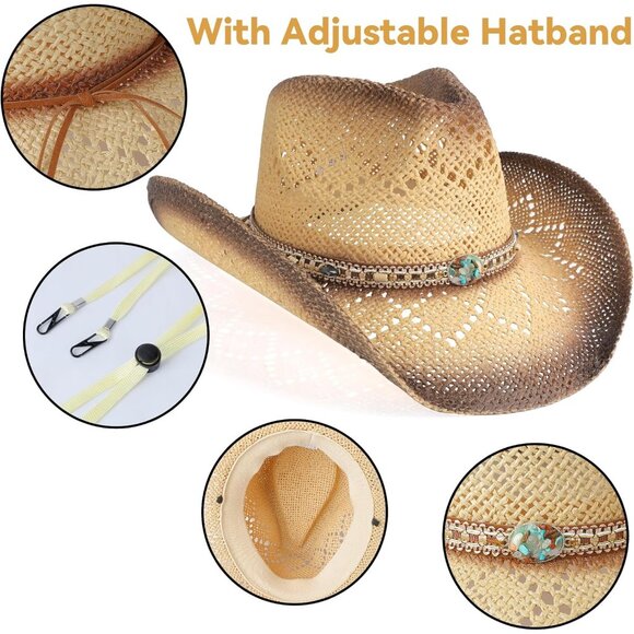 Straw Cowboy Hat Wide Brim Sun Protective Unisex Western Casual Accessory - Picture 3 of 7